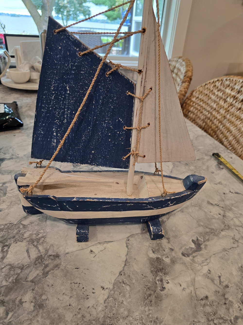 Nautical Blue & White Wooden Sailboat Home Art Décor
